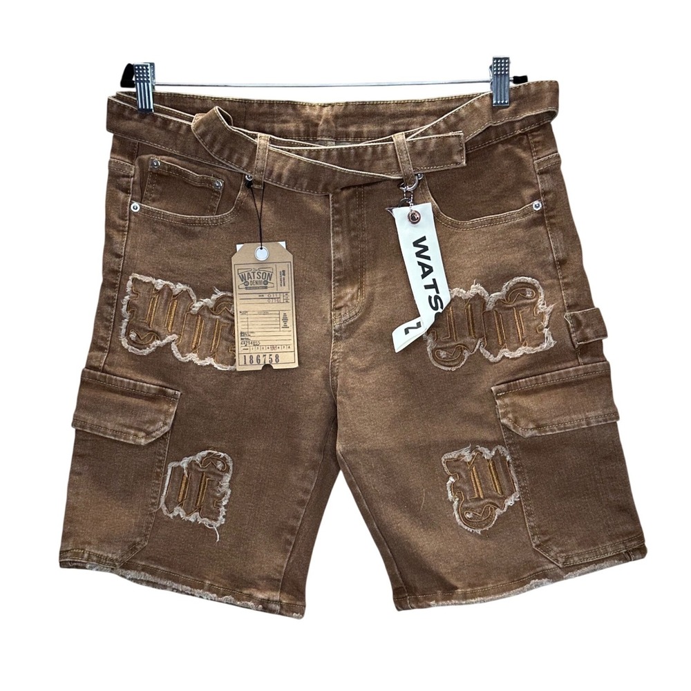 Watson NWT Denim Men's Brown Cargo Shorts Distressed Logo Belt 34 Streetwear‎